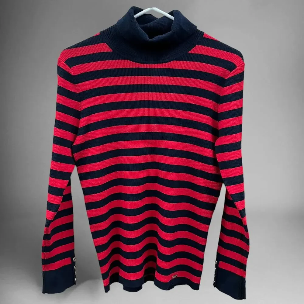 Tommy Hilfiger Striped Fitted Turtleneck Ribbed Sweater Shirt Women's Large F-18